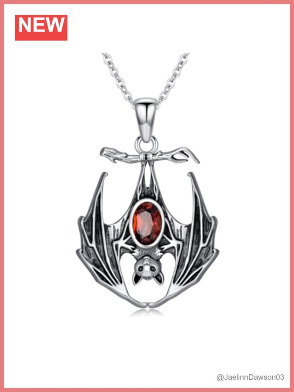 Sterling Silver Natural Garnet Bat Pendant Necklace Gothic Halloween